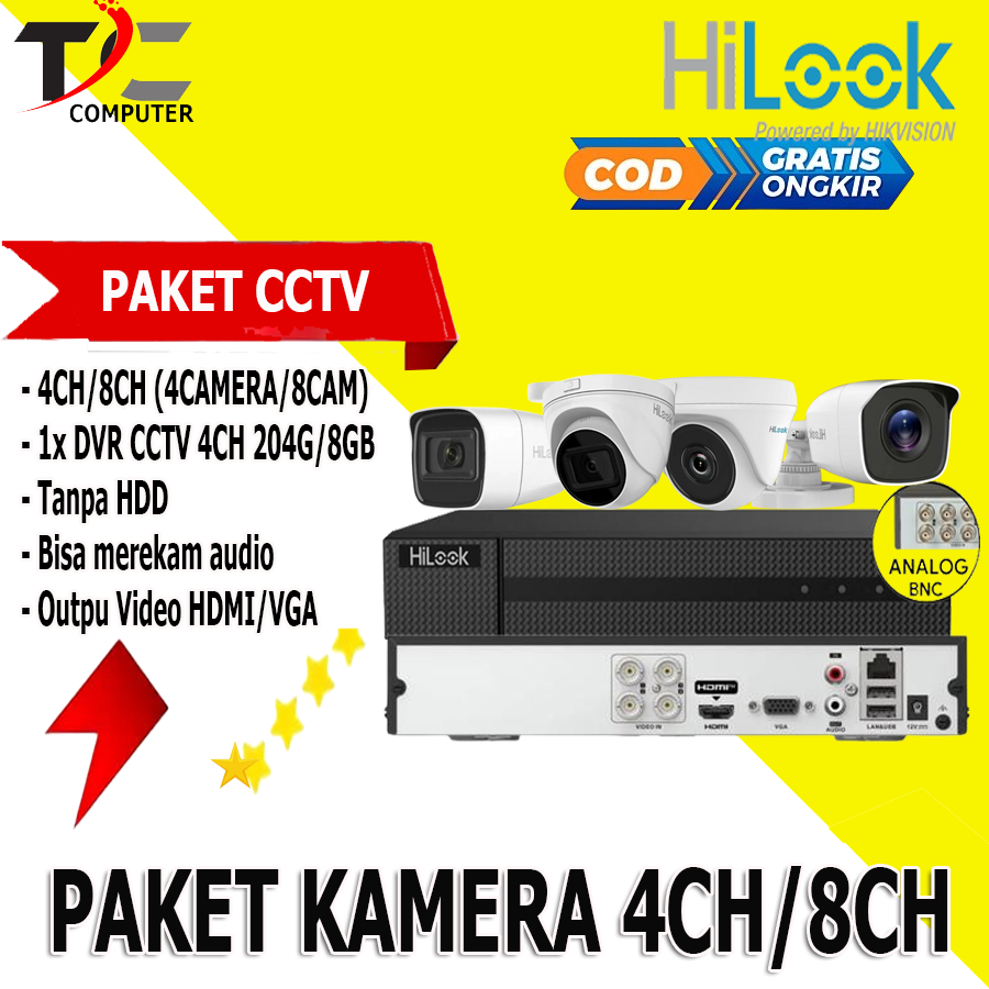 PAKET CCTV HILOOK AUDIO BISA MEREKAM SUARA DAN VIDEO 4 CHANNEL 4 CAMERA 2MP 1080P
