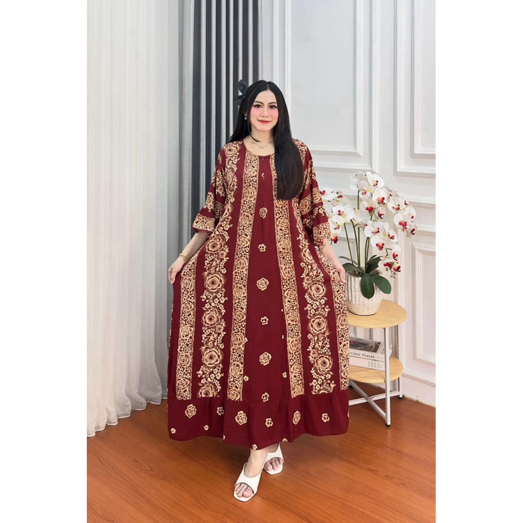 DRESS MAWAR RAYON SUPER JUMBO LD 130CM MOTIF MAWAR LENGAN 3/4 GROSIR DASTER JUMBO SANTAI WANITA