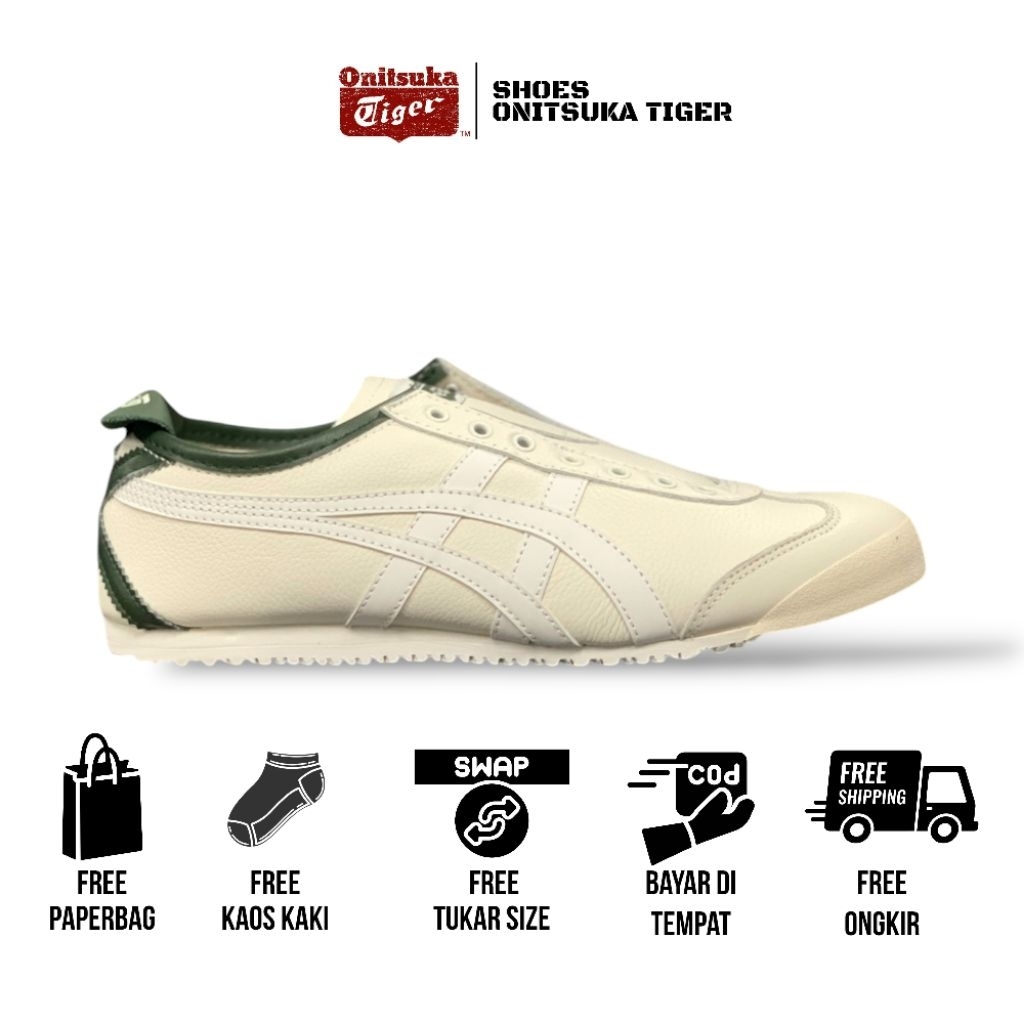 Onitsuka Tiger mexico 66 slip on shoes leather cream x green free paperbag & kaos kaki