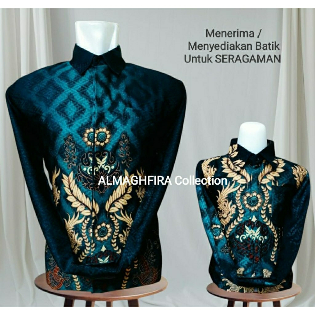 COUPLE Batik pria Ayah dan Anak Kemeja Lengan Panjang Dobby hijau  emeral. dasar hitam