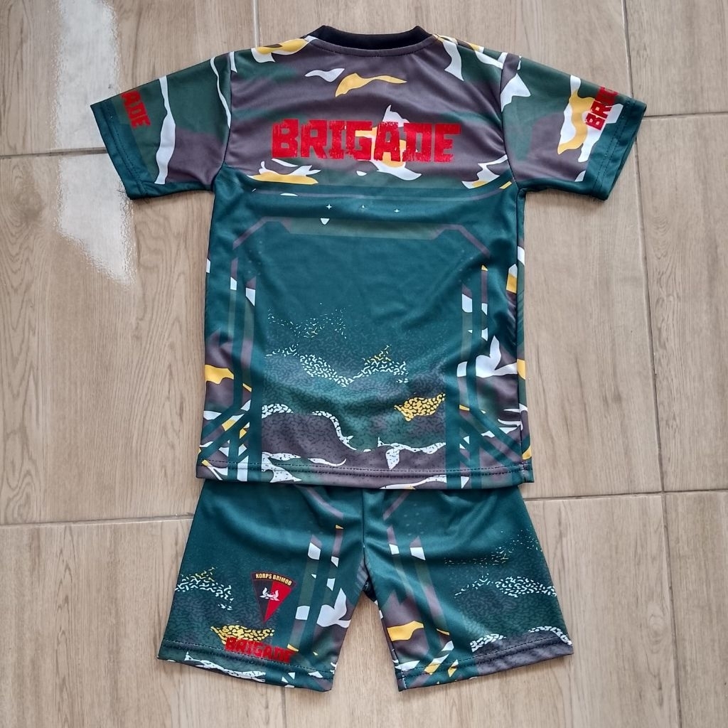 JERSEY SETELAN ANAK VARIASI LORENG BRIGADE BRIMOB HIJAU, FULL PRINTING SUBLIMATION , UNISEX UK 1-10 