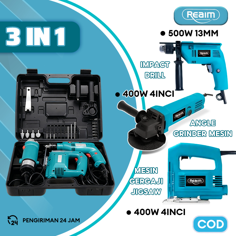 REAIM Bor dan Gerinda dan jigsaw 3 in 1  Mesin Bor Listrik Bor Gerinda Paket Bor dan Gerinda dan jig