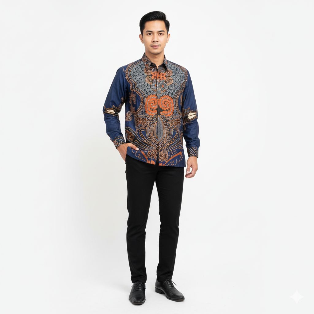 Batik Pria Lengan Panjang Biru Navy - Baju Seragam Cowok Kantor Dan Pesta Pernikahan