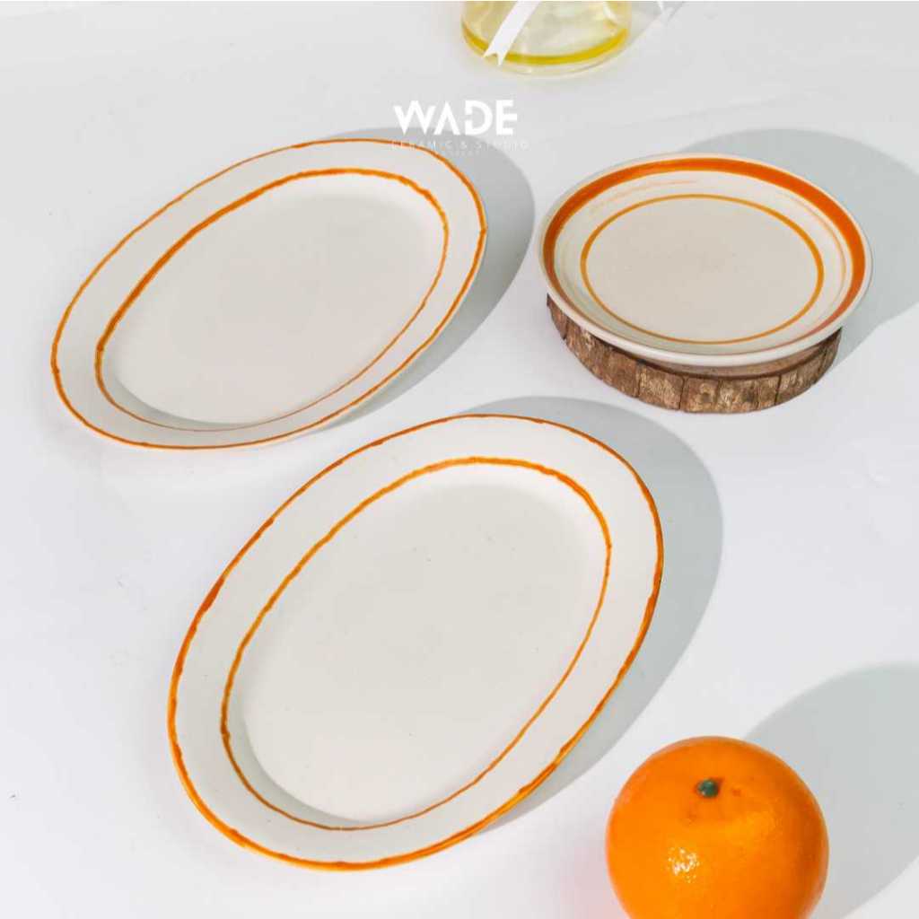Piring Saji Oval Keramik Putih Motif Garis | Handmade Lokal