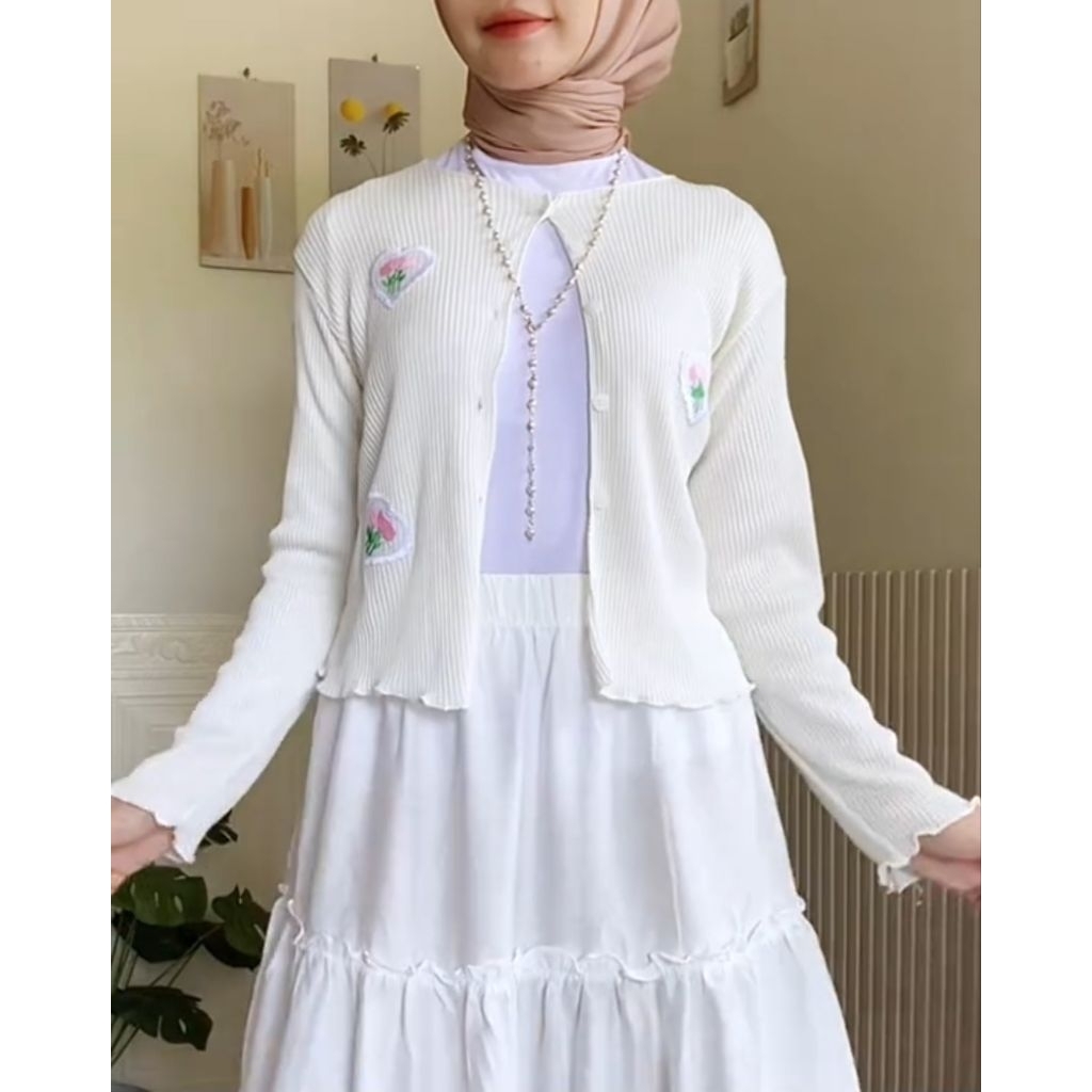 Cardigan Wanita Heart Bordir Broken White – Outer Rajut Kekinian Korea Casual