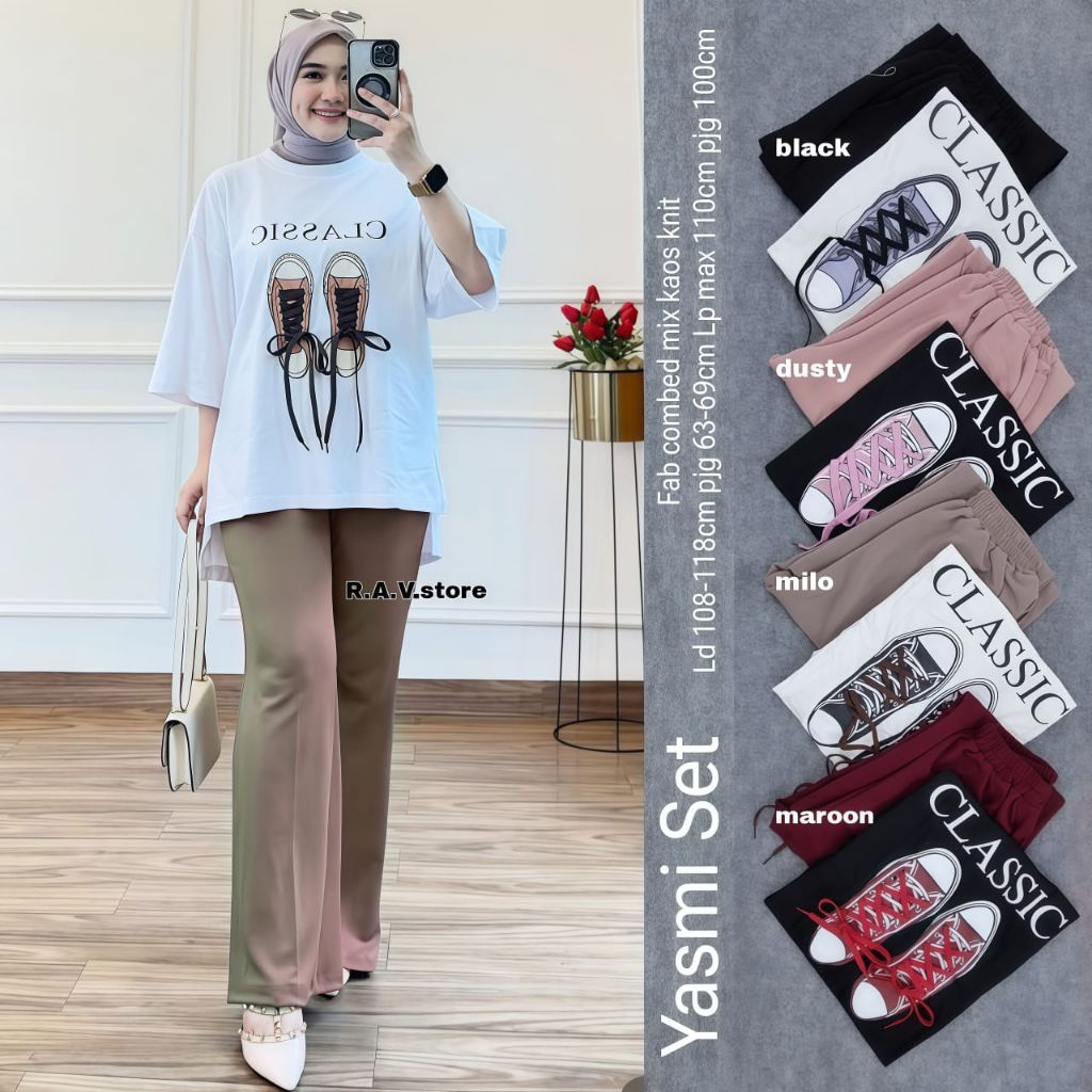Setelan Wanita Yasmi Set Kaos Celana Panjang – Baju Santai Muslim Casual Harian | one set wanita kek