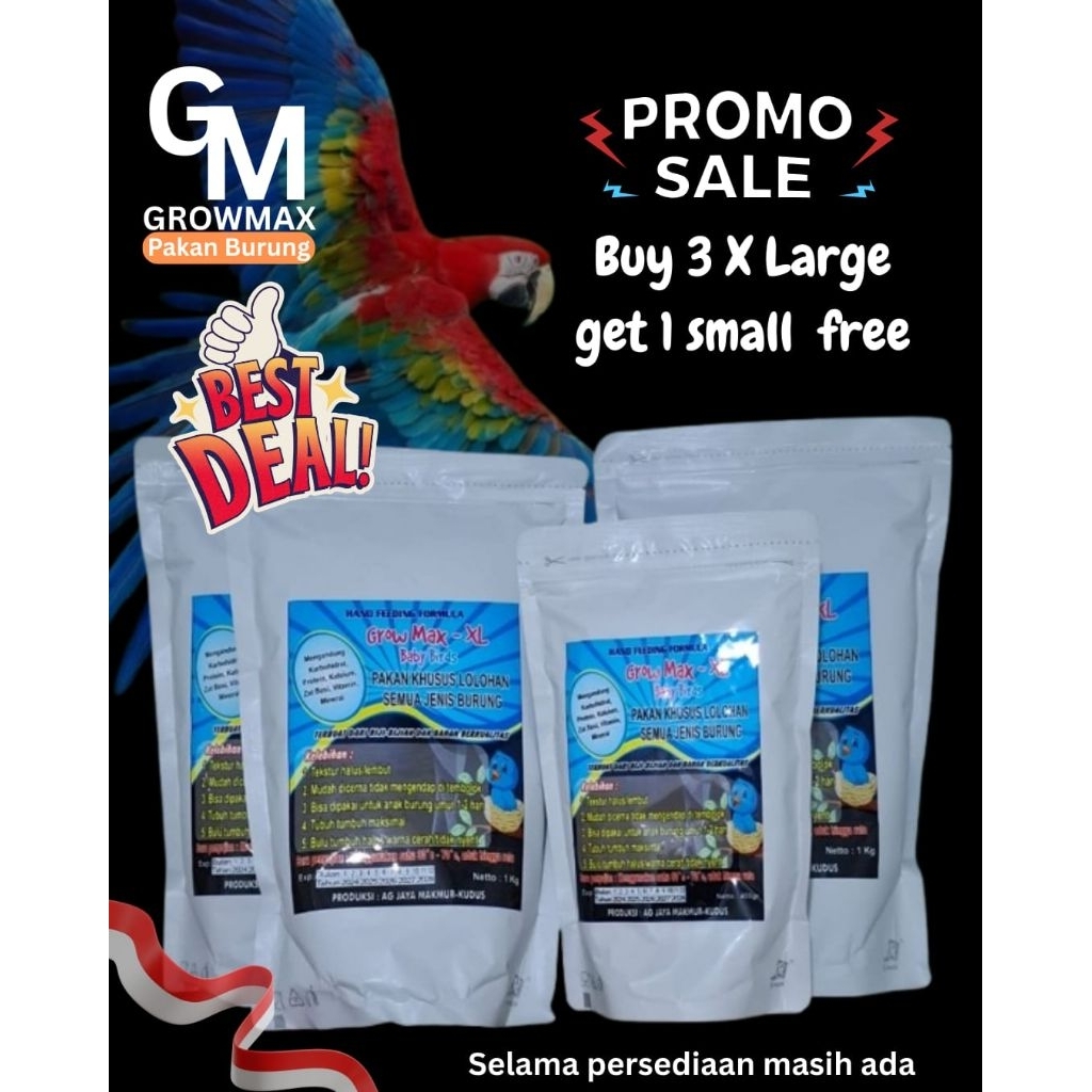 Bubur lolohan / pakan lolohan GROW MAX XL. paket special beli 3kg bonus 1bungkus kemasan kecil.