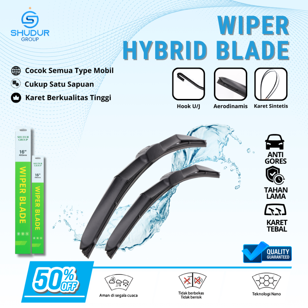 Shudur Wiper Mobil Hybrid Blade Universal Sepasang 2 Pcs Kiri dan Kanan Anti Baret Kaca Mobil