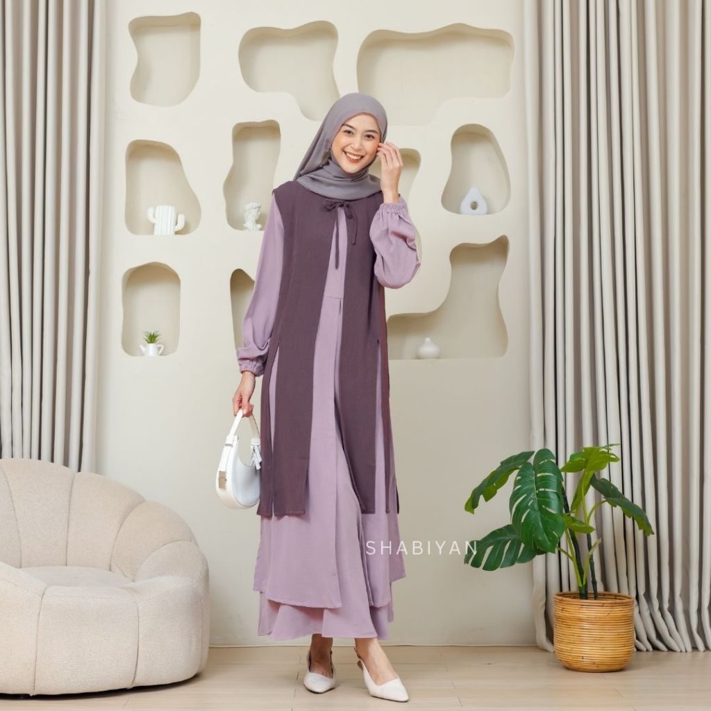 SHABIYAN-601 Gamis Wanita Cardigan Panjang Set Outer Inner Lepas Pasang XS - XXL