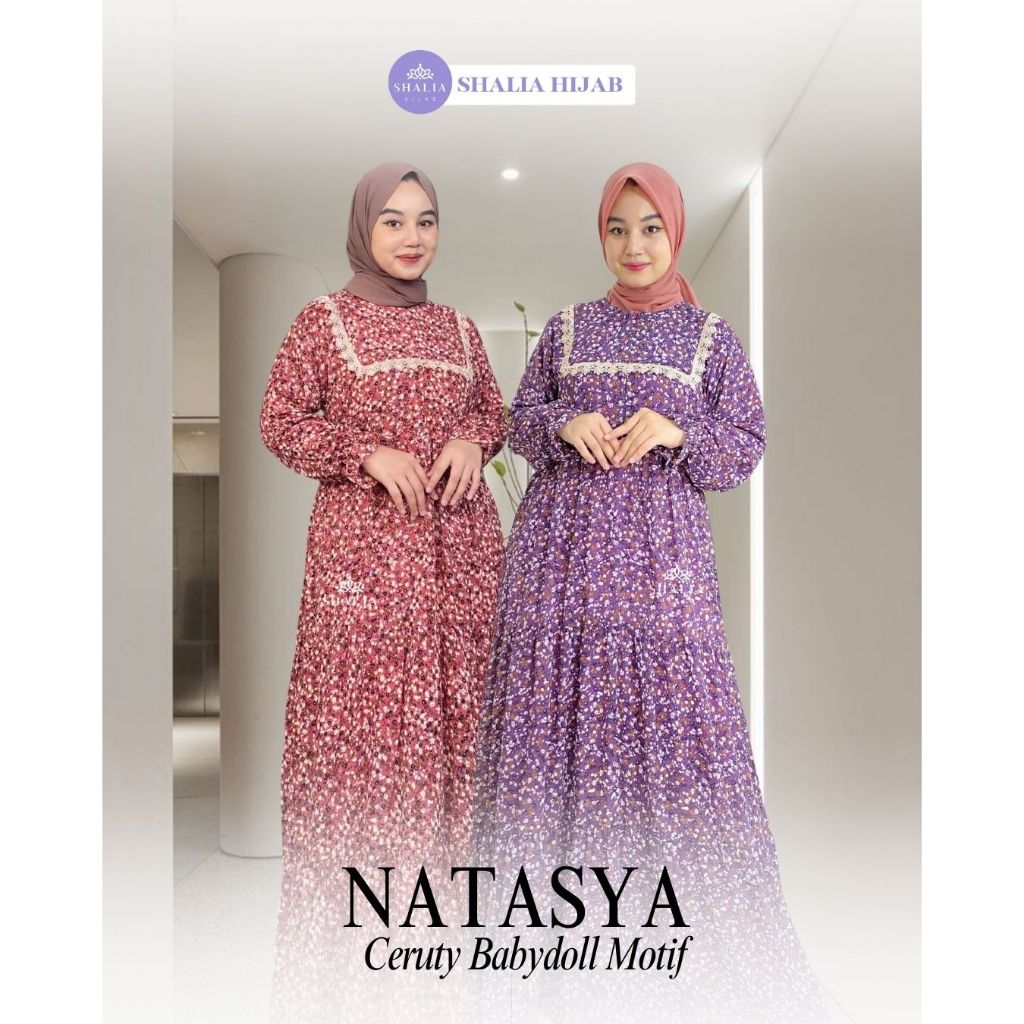 Shalia Hijab Natasya Dress Ceruty Babydoll Motif Bunga Kecil Floral Premium Full Furing Busui Friend