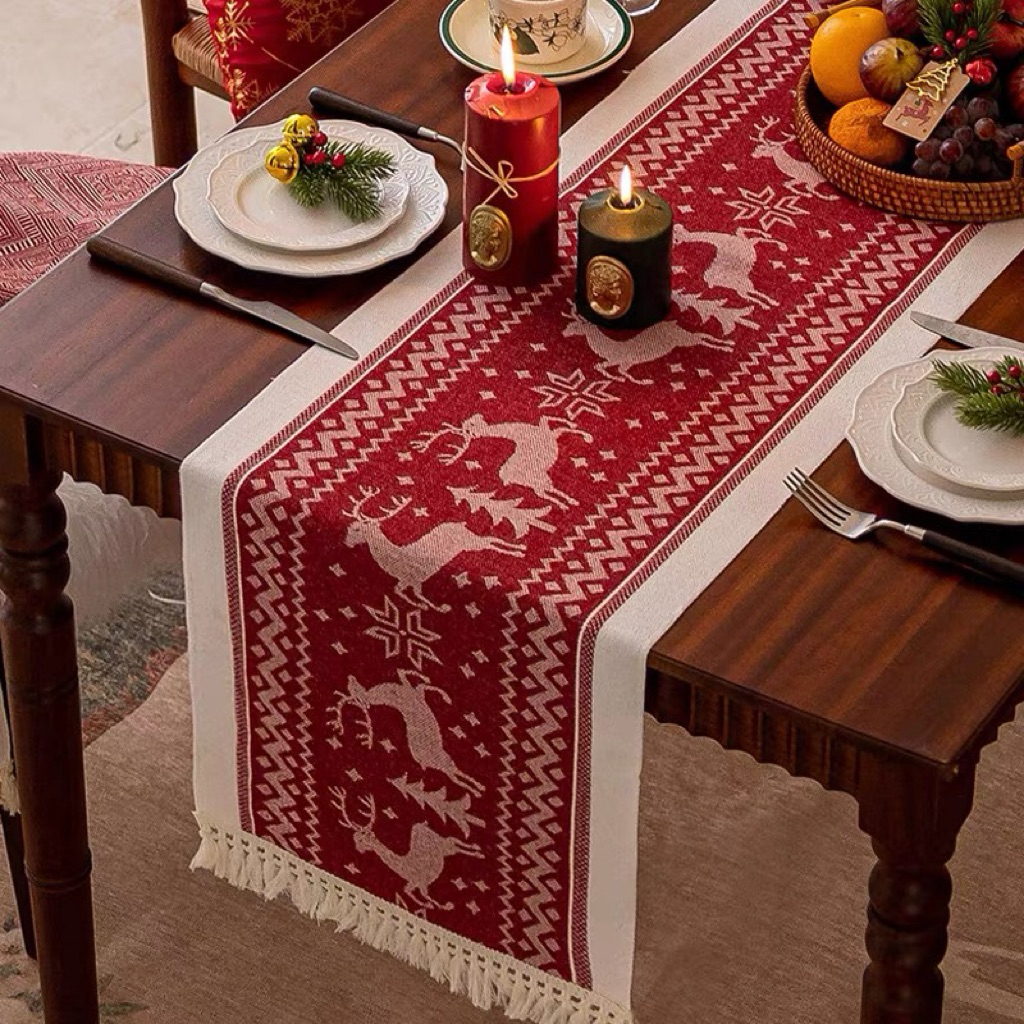 Table Runner Raya Merah | Taplak Meja Natal Estetik Alas Meja Makan & Dekorasi Ruang Tamu