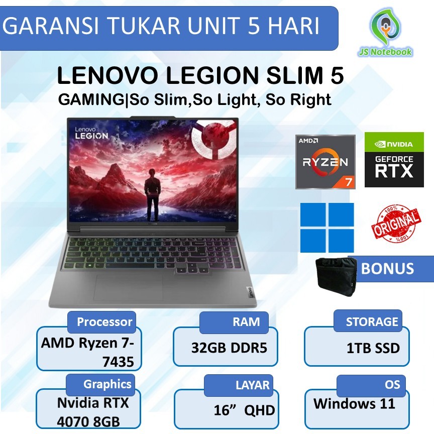 LENOVO LEGION SLIM 5 RTX4070 8GB RYZEN 7-7435HS 32GB 1TB SSD WIN11 165Hz