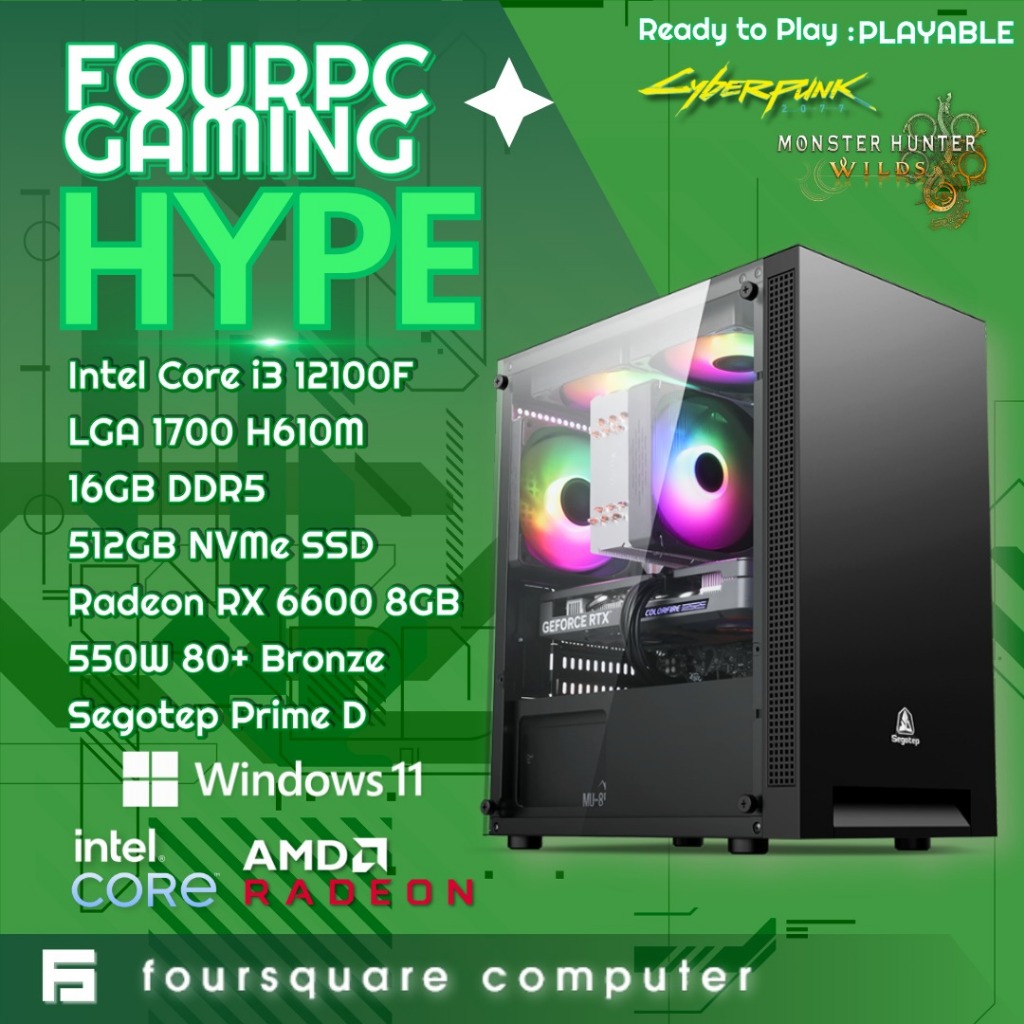 FourPCGaming Hype Rakitan Komputer Gaming Intel Core i3 12100F DDR5 16GB SSD 512GB RX 6600 8GB | RTX
