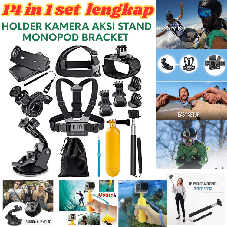 SET LENGKAP Holder Kamera Aksi 14in1 Stand Tongsis hp vlog konten kreator live Monopod Bracket GoPro