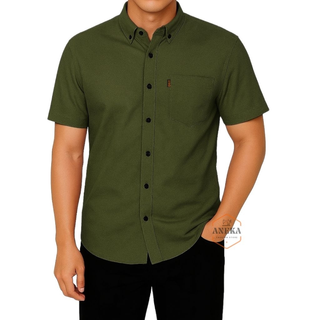 Kemeja Polos Pria Lengan Pendek Slimfit Poplin Hijau Army