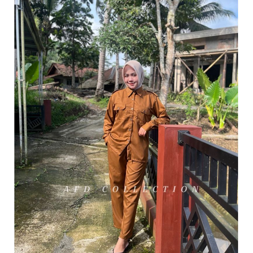 AFD | Seragam Setelan Pemda PDH Khaki Tua Saku Atas Celana Panjang Wanita Terbaru