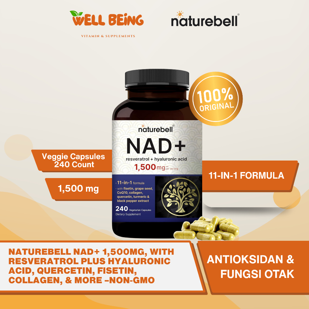 NatureBell NAD+ 1,500mg Per Serving, 240 Veggie Capsules | NMN Supplement Alternative | 10-in-1 Comp
