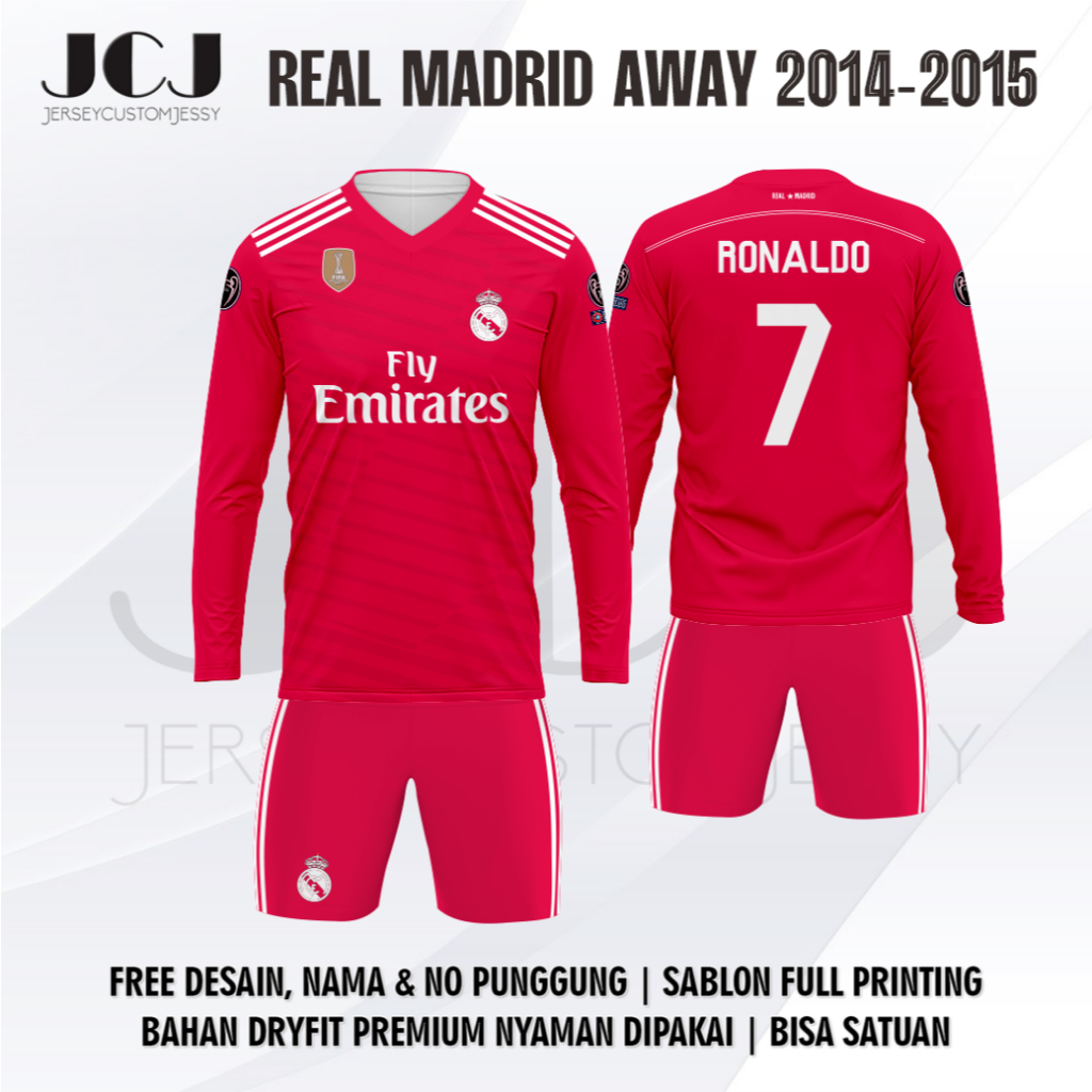 Jersey Sepak Bola PANJANG Real Madrid AWAY 2014-2015 PINK FREE CUSTOM NO PUNGGUNG CUSTOM NAMA