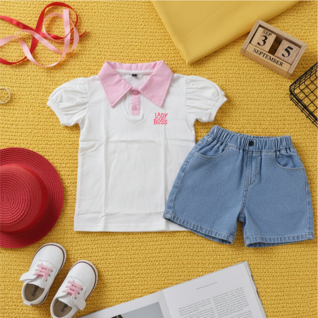 Setelan Anak Perempuan "Lady Boss" Bahan Katun Nyaman Usia 1–12 Tahun | Atasan Kerah Unik & Celana D