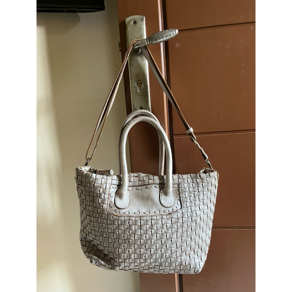 Tas Preloved Top Handle Kulit Asli Anyam Sling Bag