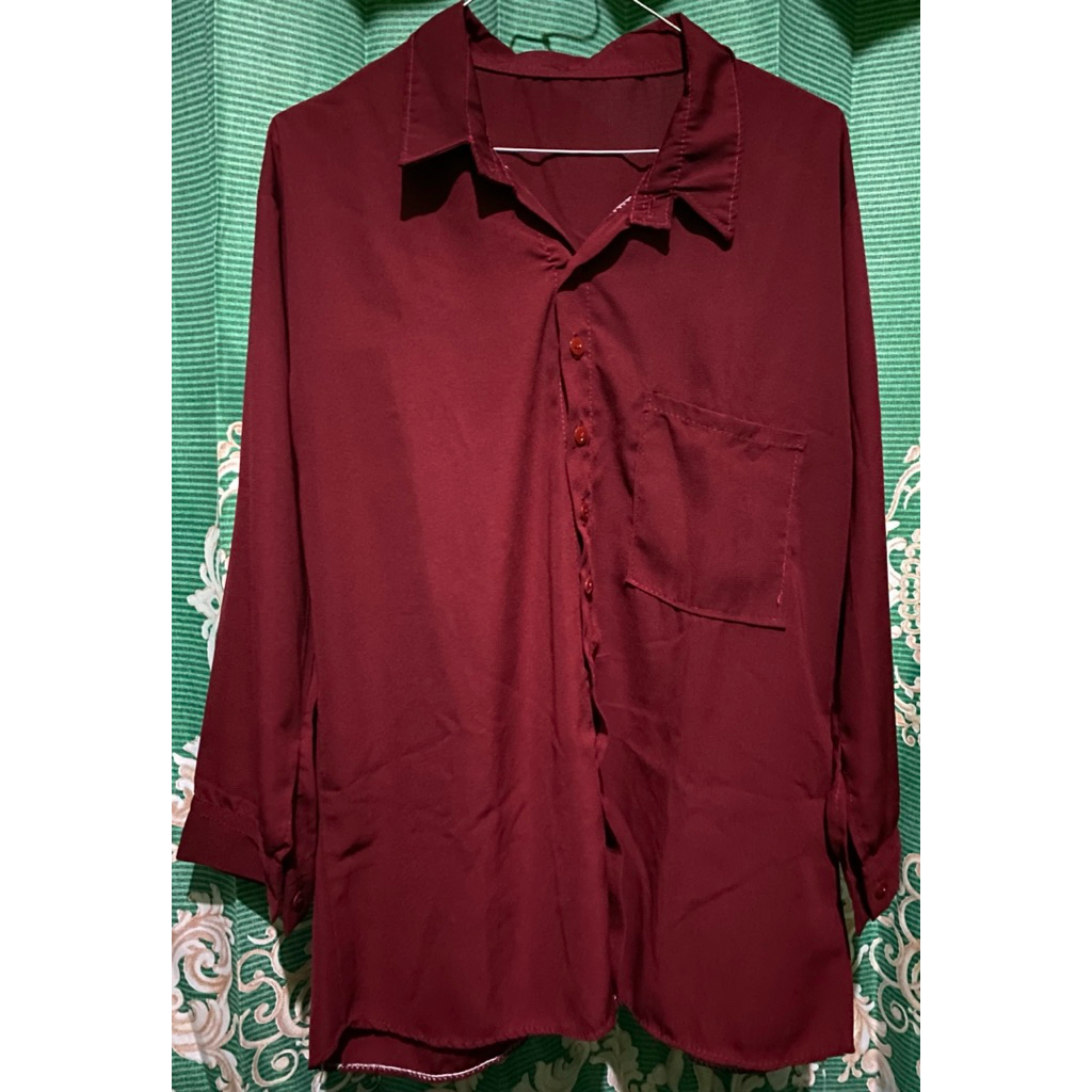 ATASAN KEMEJA SAKU WANITA / BASIC TOP / KEMEJA BASIC / KEMEJA KANTONG /KEMEJA POLOS WARNA MAROON LEN