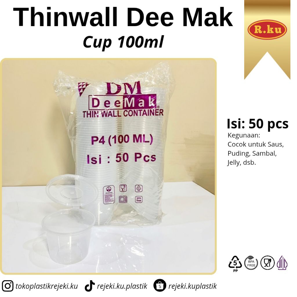 Thinwall Dee Mak Cup Mangkok 100ml isi 50pcs | Thinwall Mangkok Tutup Sambung isi 50pcs