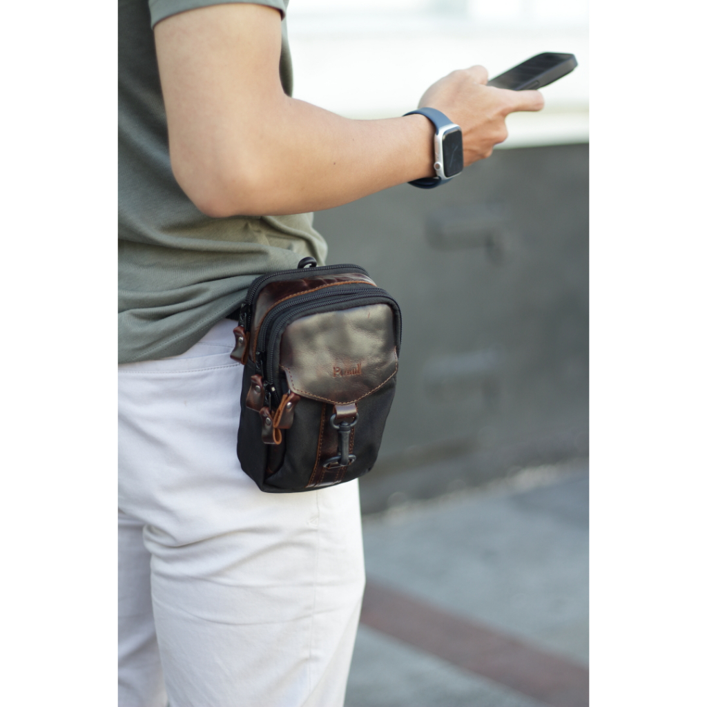 Pusiill | Tas Pinggang Pria Anti Bara Api | Tas Slempang Kombinasi Kulit Asli | Tas Tas Hp