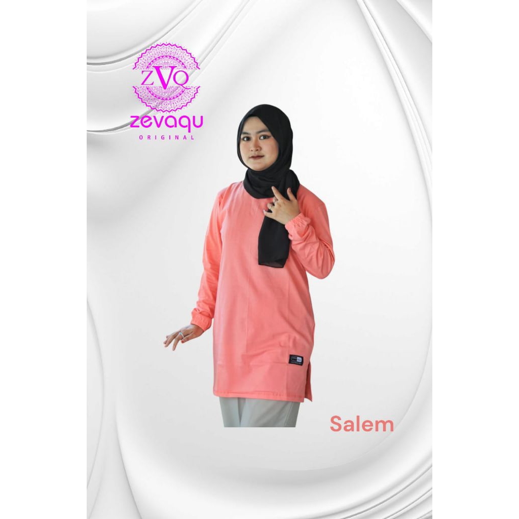 ATASAN WANITA TUNIK ZEVAQU Kaos Polos Warna Salem Lengan Panjang Karet Kerut Belah Samping Bahan Kat