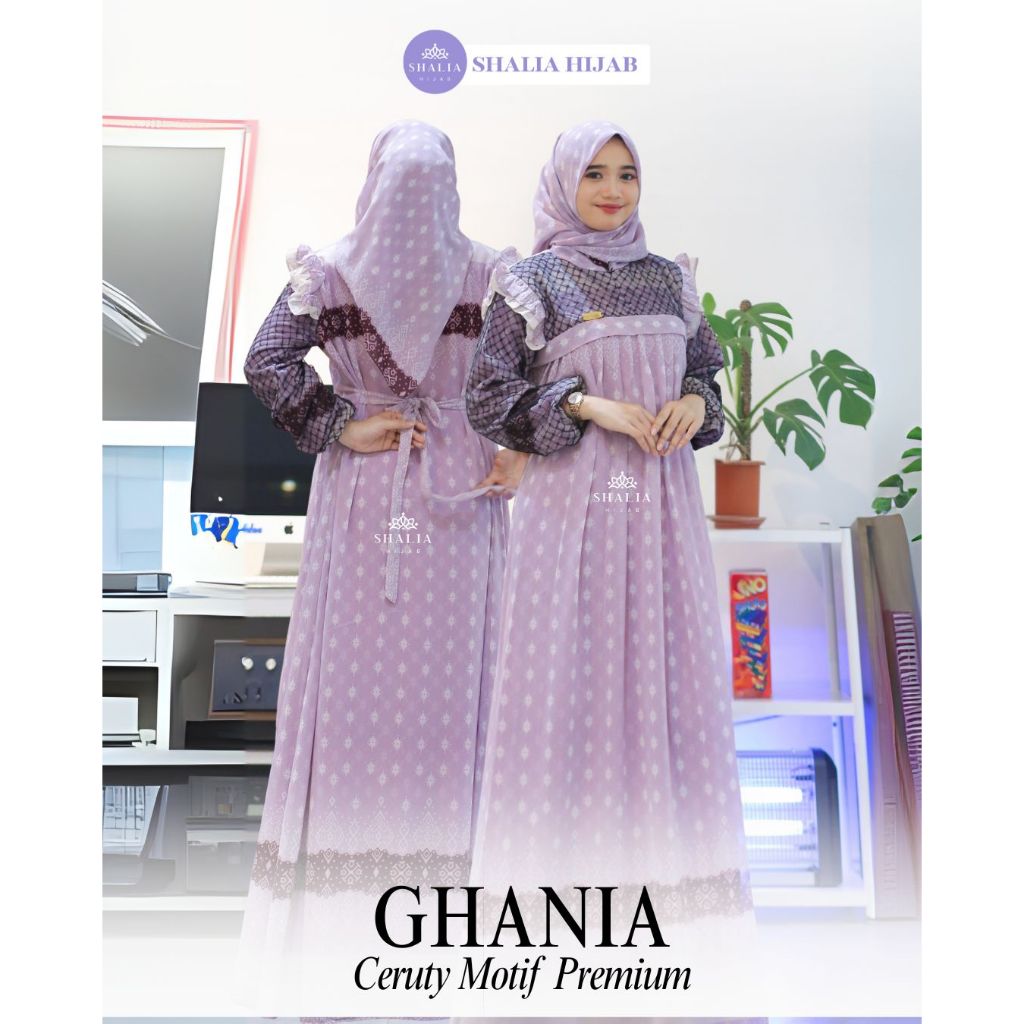Shalia Hijab Ghania Gamis Ceruty Motif Bunga Mix Brukat Printing Set Hijab Kondangan Lebaran Terbaru