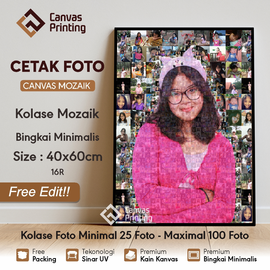 Kolase foto mozaik canvas 16R 40x60 bingkai minimalis Sudah termasuk design | Kado mozaik foto