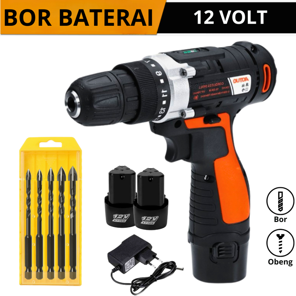 Mesin Bor Baterai 12V Cordless Drill 10 mm Mesin Bor Tembok Kayu dan Baja Ringan