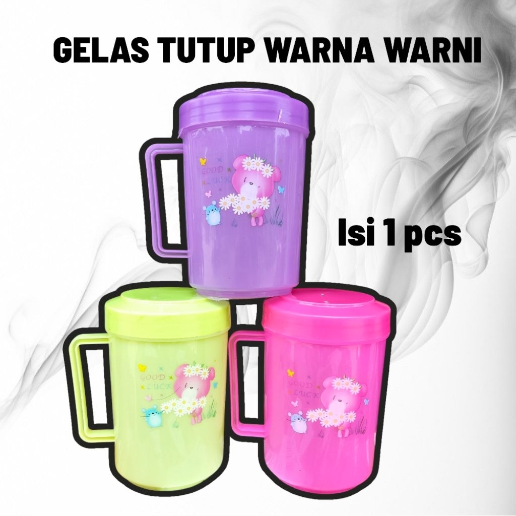 Eskan tutup plastik mini warna warni bergambar / gelas mini tutup / mug tutup / cangkir
