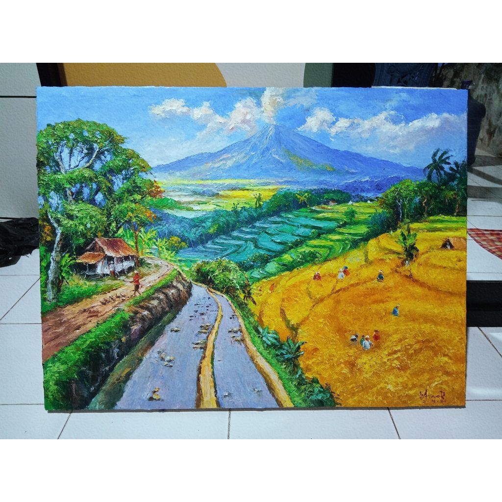 lukisan Palet panen padi tekstur tebal Cat minyak