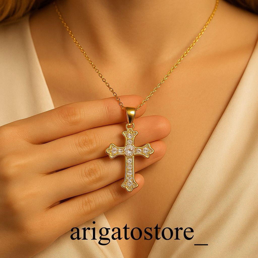 Kalung Salib Wanita Permata Titanium Asli Korea Trendy Titanium Anti Karat Tidak Menghitam