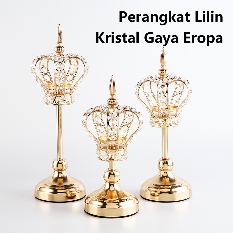 Gaya Eropa Mahkota Candlestick Peralatan Rumah Hiasan Galvanized Kerajinan Besi Kristal Candlestick 