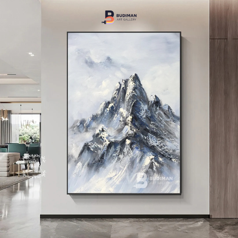 lukisan hiasan dinding pemandangan puncak gunung salju elegan