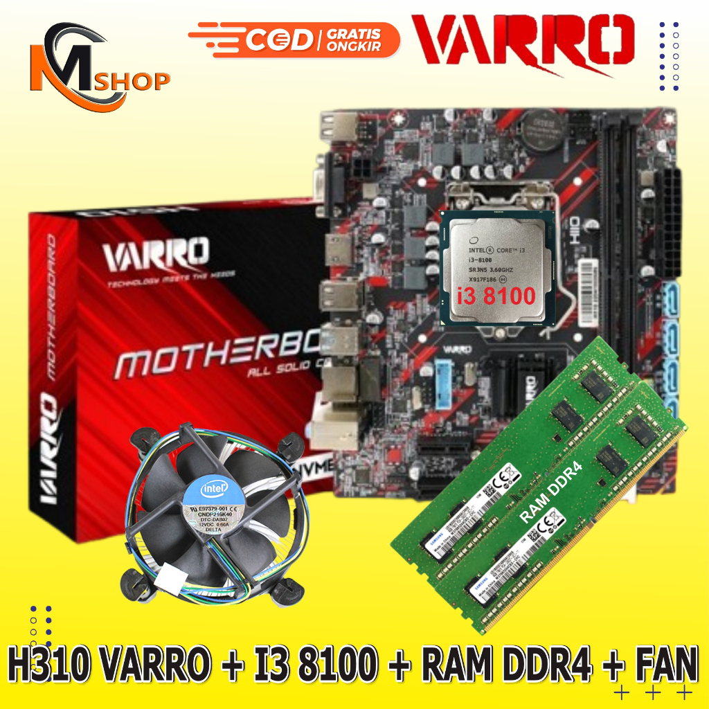 Paket Mainboard Mobo Motherboard H310 Varro Socket NVME New LGA 1151 dan Processor Intel Core i3 810