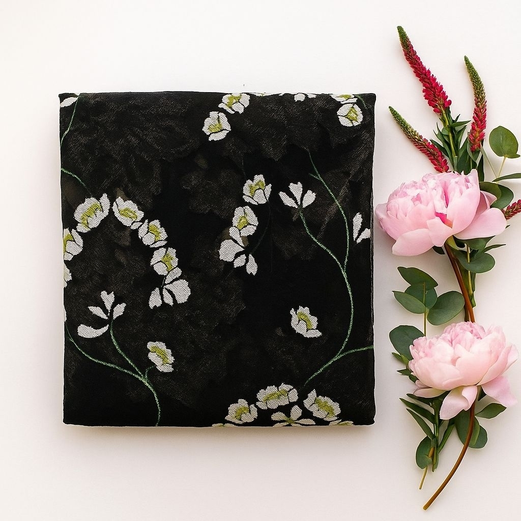 Kain Sifon Rubia Hitam Motif Bunga Putih – Adem, Elegan, Bahan Gamis & Dress