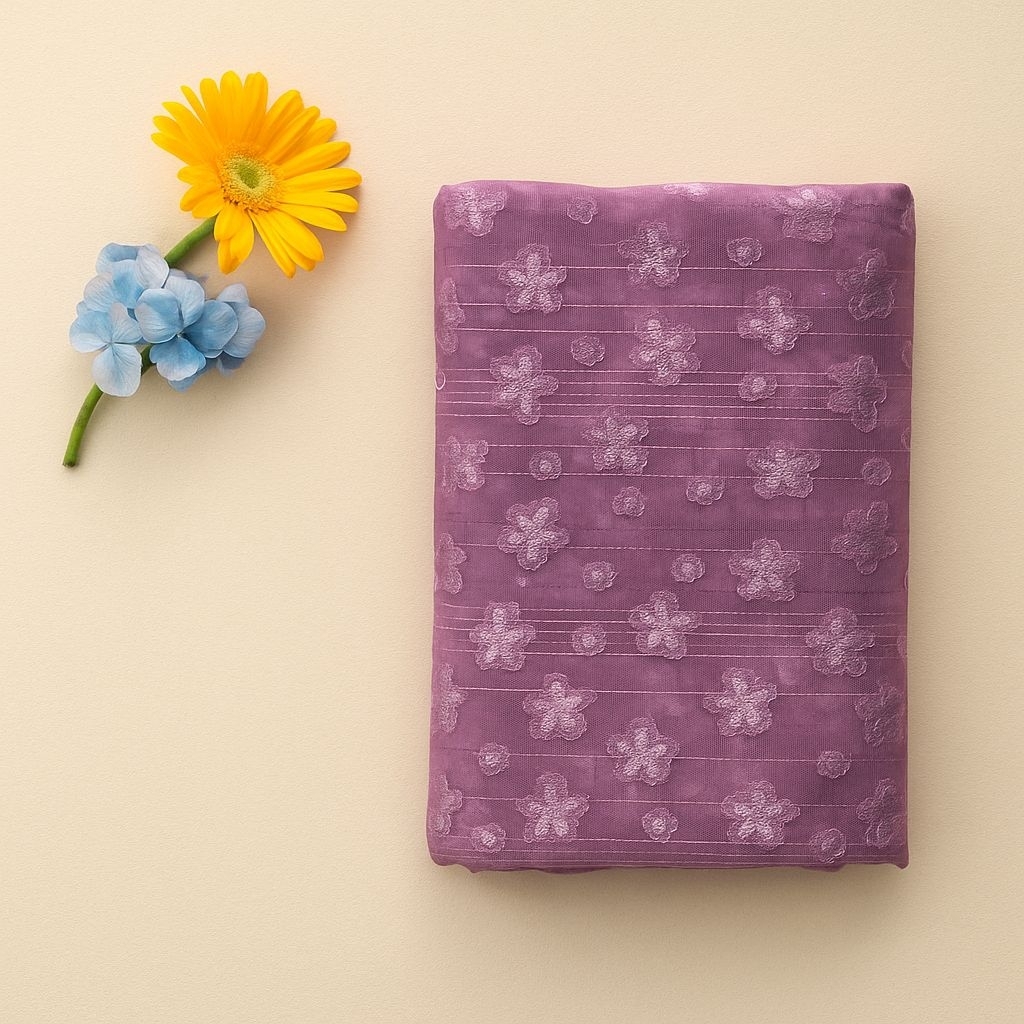 Kain Sifon Embos Bunga Ungu – Bahan Jahit Gamis, Blouse, Dress, Hijab