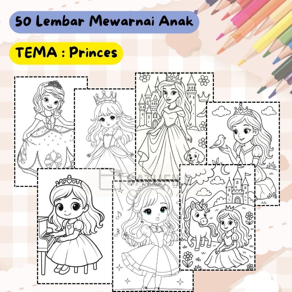 TERMURAH  Kertas Mewarnai Anak 50 Lembar Tema Princess – Buku Mewarnai Putri Cantik TK PAUD SD | Lem