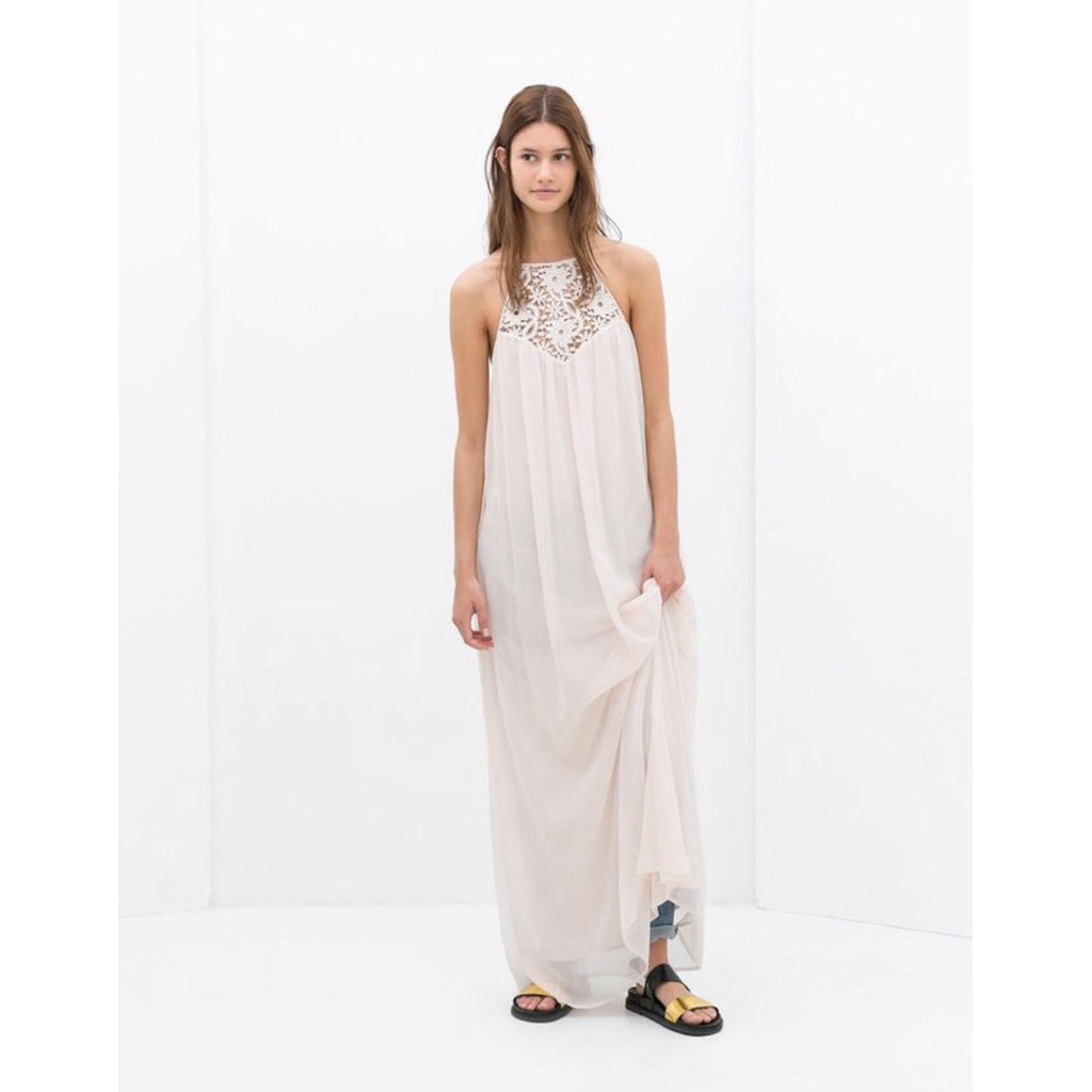 ZARA Trafaluc Pale Pink Halter Floral Lace Maxi Dress