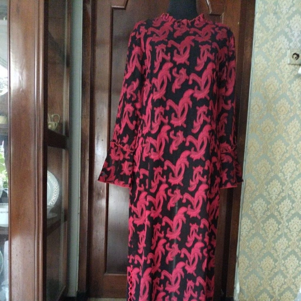 Pakaian Wanita Outer Gamis Busana Muslim Merah Marun Brokat