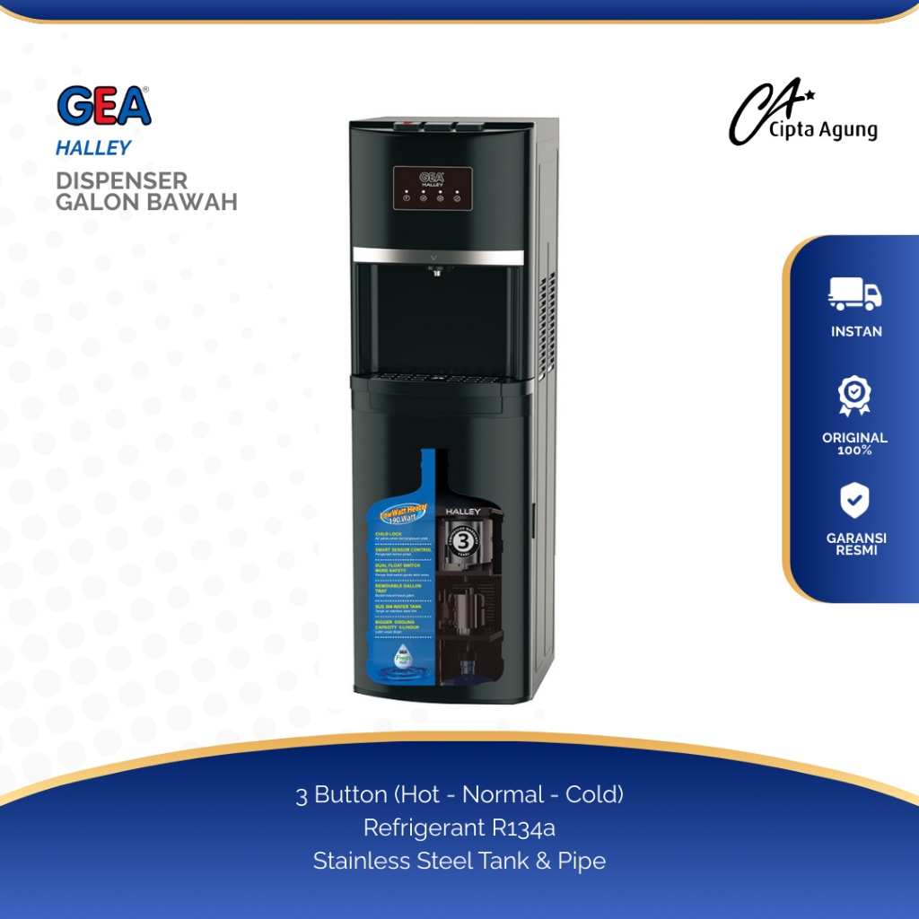 GEA DISPENSER GALON BAWAH LOW WATT GEA HALLEY HALEY BOTTOM KOMPRESOR PANAS DINGIN NORMAT DINGIN AIR 