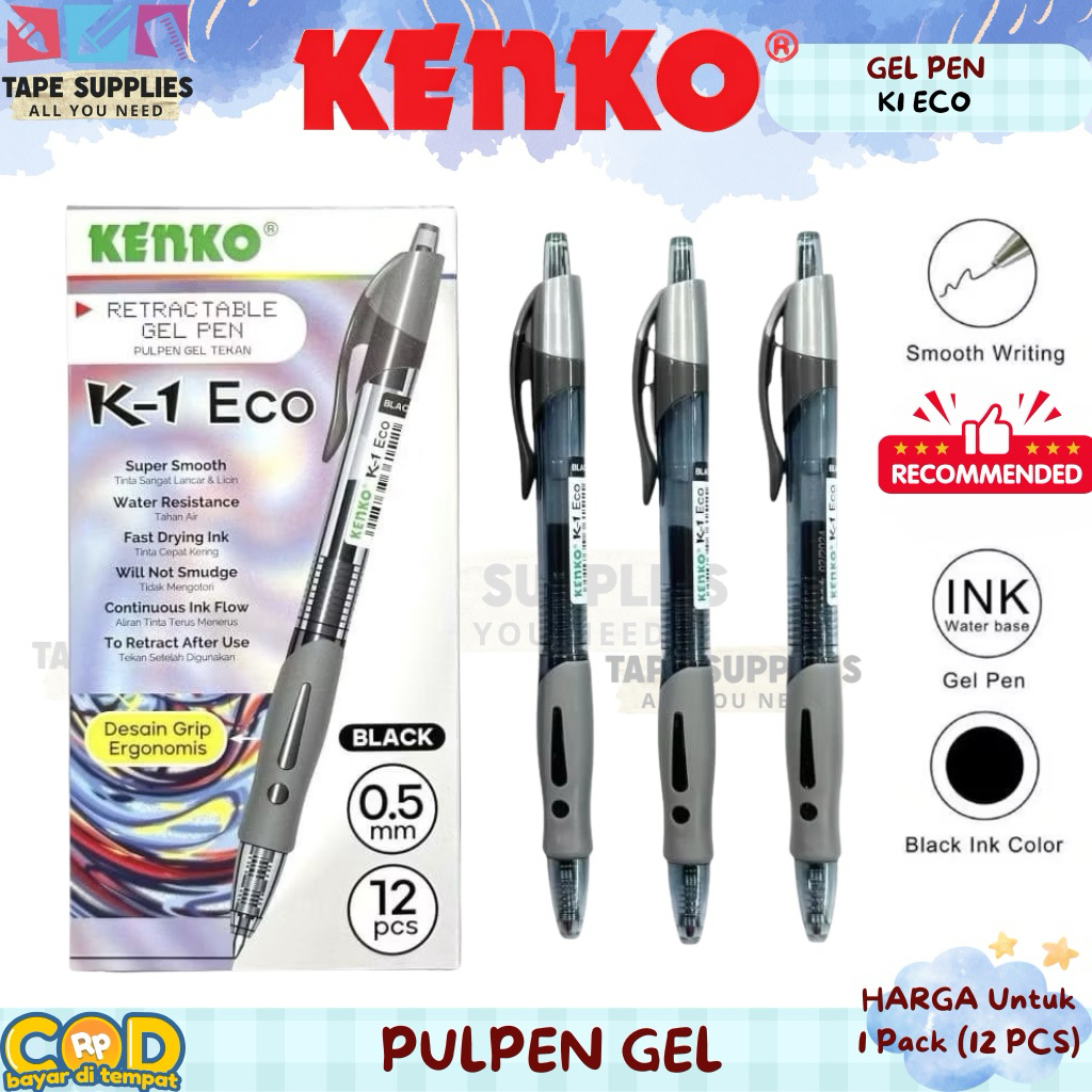 Pulpen Gel Kenko K-1 Eco 0.5Mm Hitam Pulpen Cetek Kenko K1 Eco (1 Pack Isi 12 Pcs)