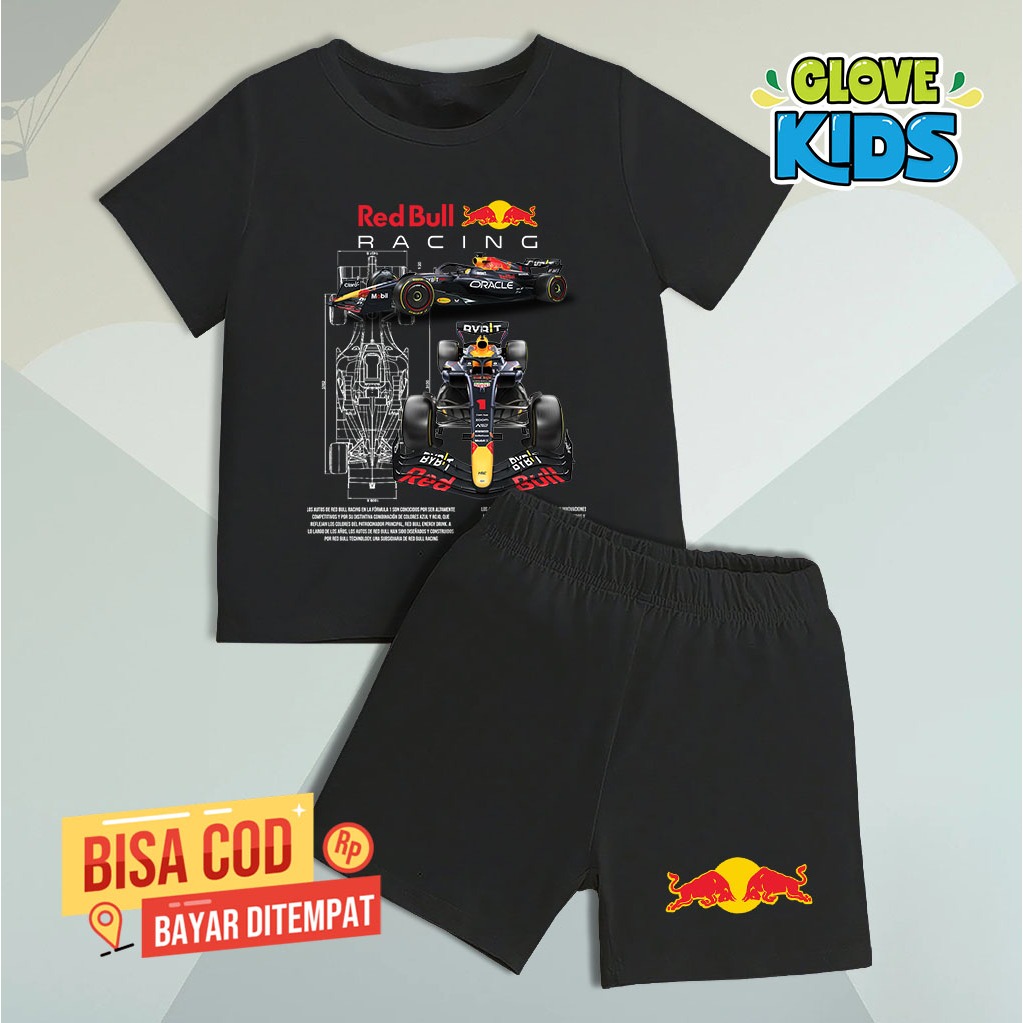Kaos Setelan Anak Motif F1 RedBull Tshirt 1 Stel Mobil F1 Kaos anak