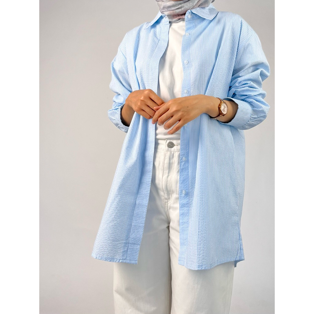 AMITAÉ Studio - Kemeja Motif Salur Oversized Katun Jepang | Kemeja Garis Salur Biru Abu | Kemeja For