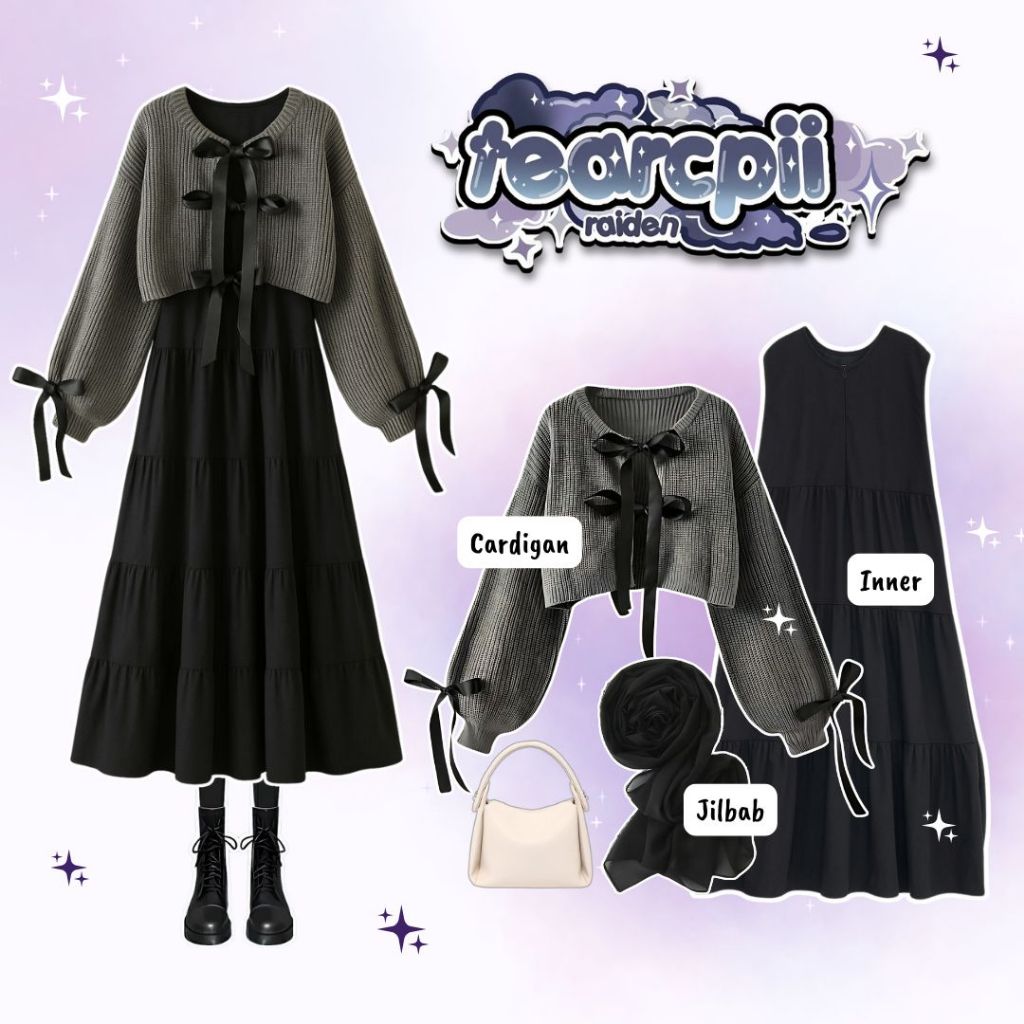 oneset 3in1 cardigan + inner + pasmina ceruty babbydoll | ootd outfit cewek wanita anak perempuan re