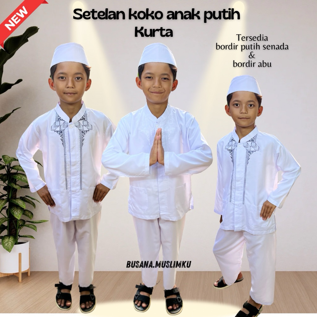 Setelan baju koko anak putih Manasik haji dengan Bordir Full Kancing