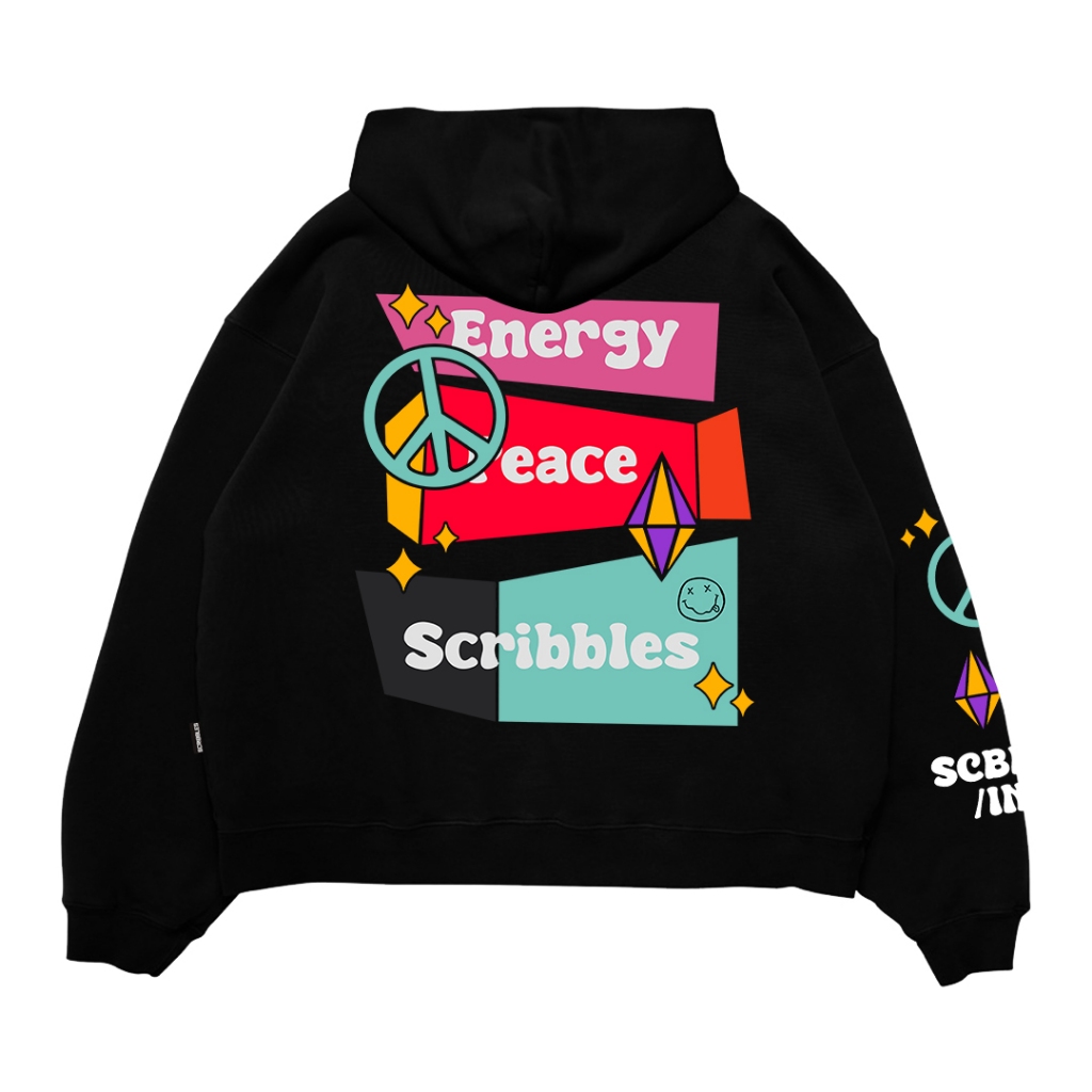 Scribbles Sweater Hoodie Boxy 330GSM Energi Original Hitam