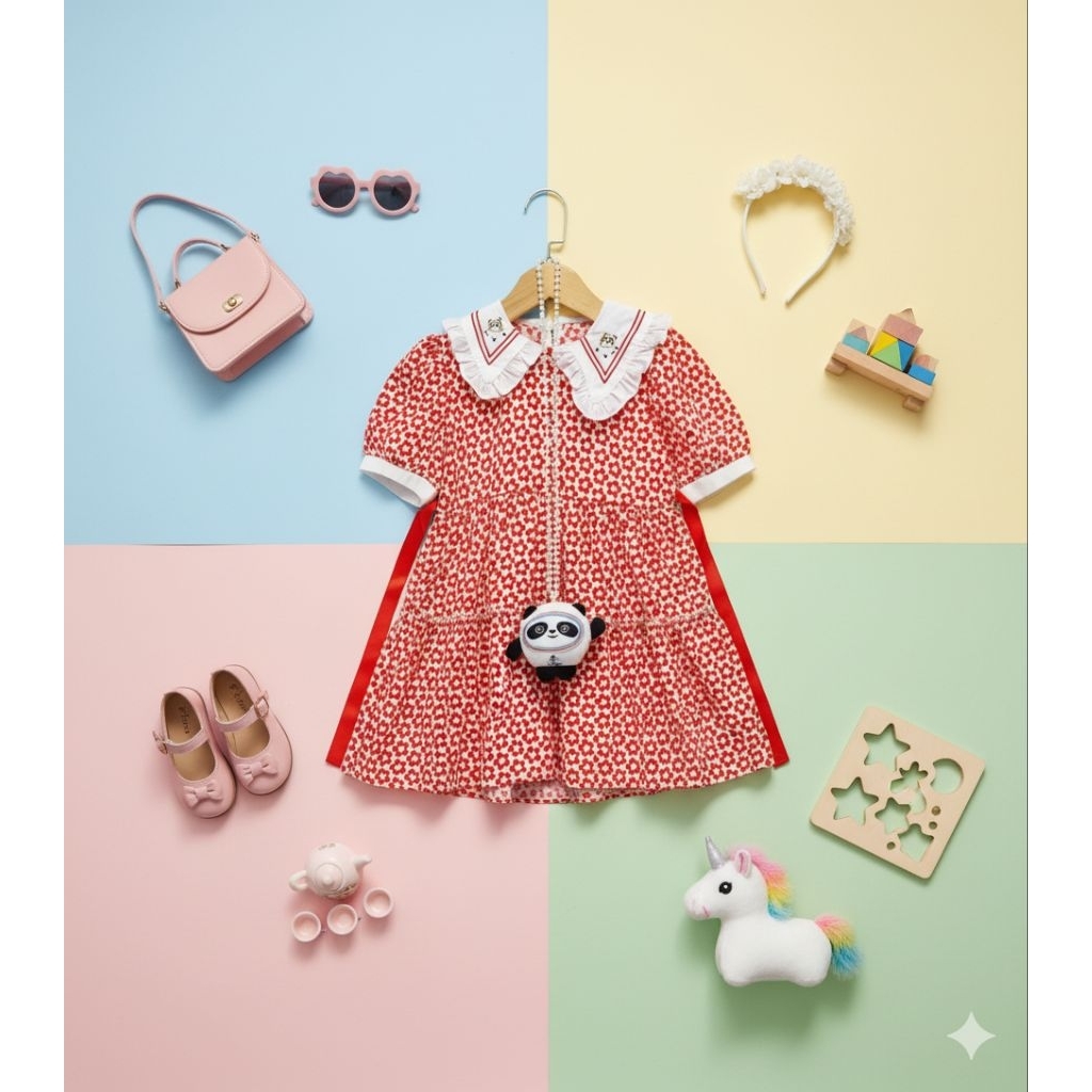 Dress Anak Perempuan dress anak cewek Ceruty Zara Crepe Premium Motif Bunga Merah Putih Gaun Kemerde